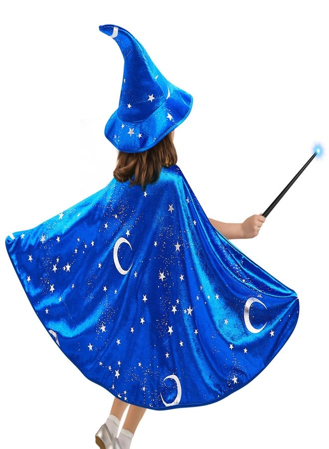 Toulite Wizard Cape for Kids Age 3-16, Witch Costume Includes Cape Hat Glowing Wand and Beard Suit for Boys Girls(M/5-7y,Blue) - Image 4